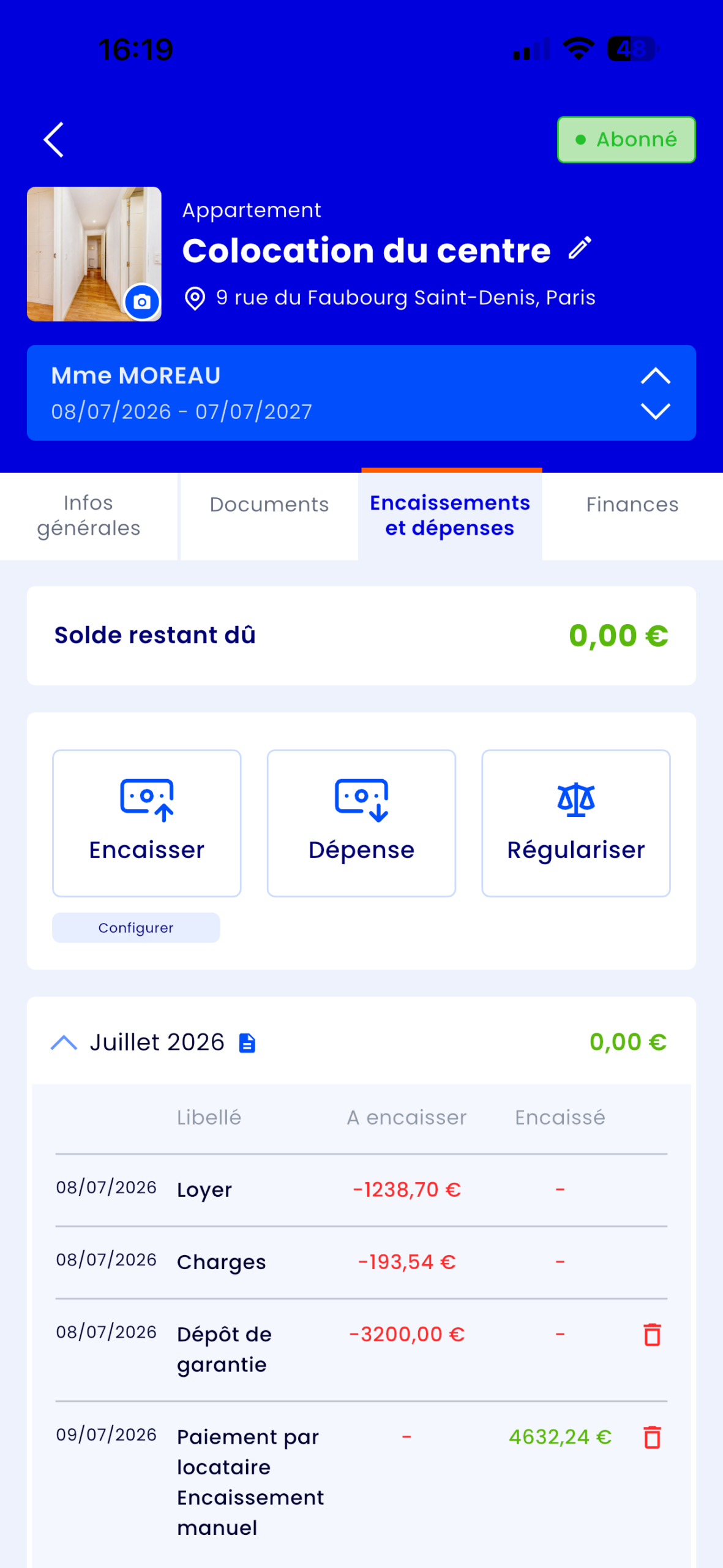 Capture d'écran de l'écran de gestion des loyers sur Gererseul