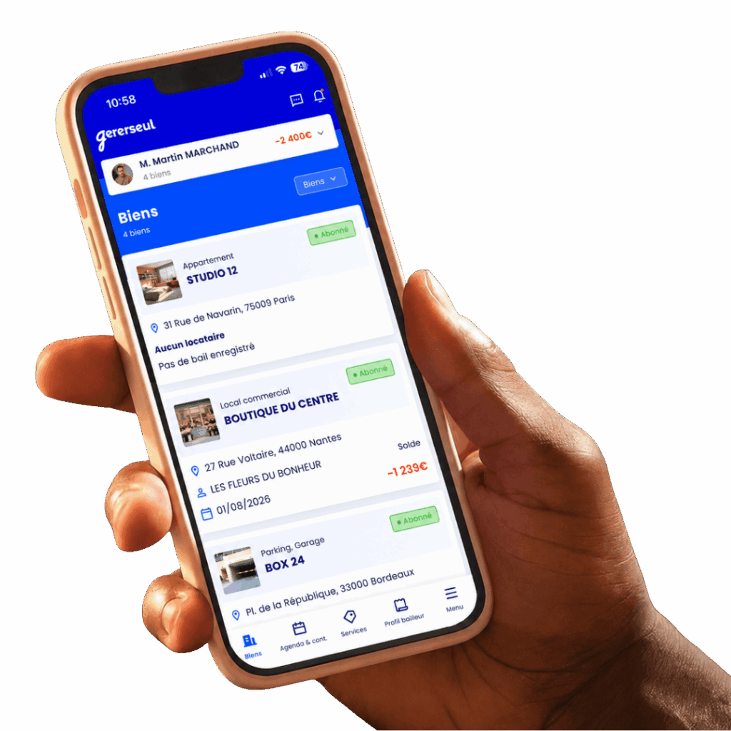 Smartphone avec l'application de gestion locative Gererseul