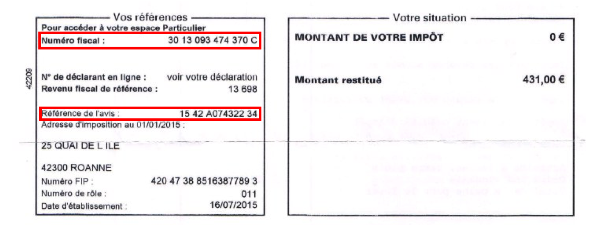 Numéro fiscal et référence du document sur l'avis d'imposition