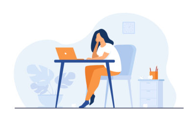 Cartoon exhausted woman sitting and table and working isolated flat vector illustration. Tired businesswoman with professional burnout syndrome. Tiredness and trouble concept