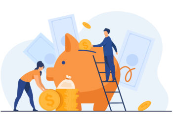 Saving money financial concept. Cartoon people inserting cash into piggy bank, getting and investing income. Vector illustration for fund, investment, deposit topics