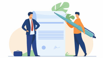 Business partners signing document. Tiny characters with pen, paper with signature and seal flat vector illustration. Paperwork, cooperation concept for banner, website design or landing web page