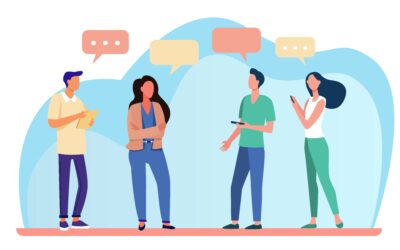 Young people standing and talking each other. Speech bubble, smartphone, girl flat vector illustration. Communication and discussion concept for banner, website design or landing web page