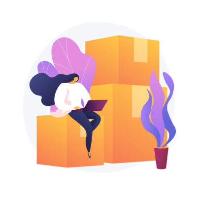 Relocation services. Apartment rent, accommodation leasing, real estate agency website design element. Woman with laptop sitting on cardboard boxes. Vector isolated concept metaphor illustration