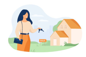 Realty agent holding keys and standing near building isolated flat vector illustration. Cartoon woman and house for sale. Real estate and mortgage concept