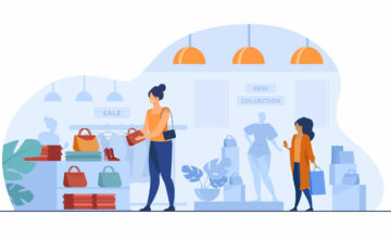 Female customers shopping in clothes shop. Women choosing garments, fashion accessories at sale in boutique. Vector illustration for retail store, marketing, purchase, consumers concept