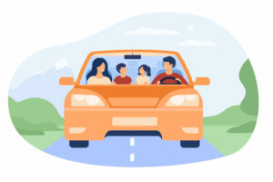 Happy family travelling in automobile isolated flat vector illustration. Front view of cartoon father, mother, son and daughter in car. Vacation and weekend concept