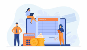 Tiny people preparing invoice on computer isolated flat vector illustration. Cartoon accountants creating reports about VAT, payroll and paid money. Online payment and accounting concept