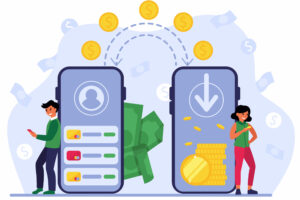 People using mobile bank for remittance of money. Man and woman with smartphones sending coins to each other. Vector illustration for cashless transactions, financial app, payment transfer concept