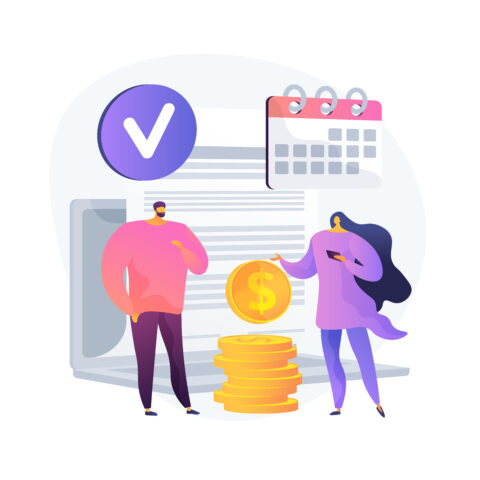 Contract billing, deal terms fulfillment, successful transaction. Money transfer for rent, lease payment. Payer and cash receiver cartoon characters. Vector isolated concept metaphor illustration.