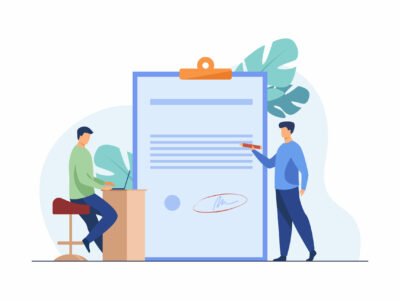 Expert checking business leader order. Tiny character with pencil reading document flat vector illustration. Paperwork, legal expertise concept for banner, website design or landing web page