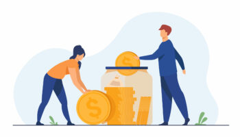 Family couple saving money. Man and woman inserting cash into glass jar. Vector illustration for finance, deposit, economy, investment, banking, concept