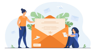 Woman receiving mail and reading letter. Person getting contract with signature out of envelope. Flat vector illustration for email, message, communication concept